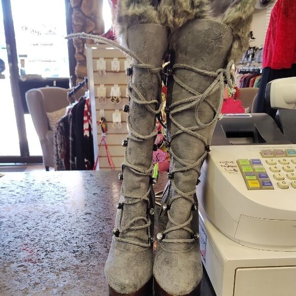 Gray Heeled Boots with Fur Trim and Lace-Up Design - Picture 7 of 7
